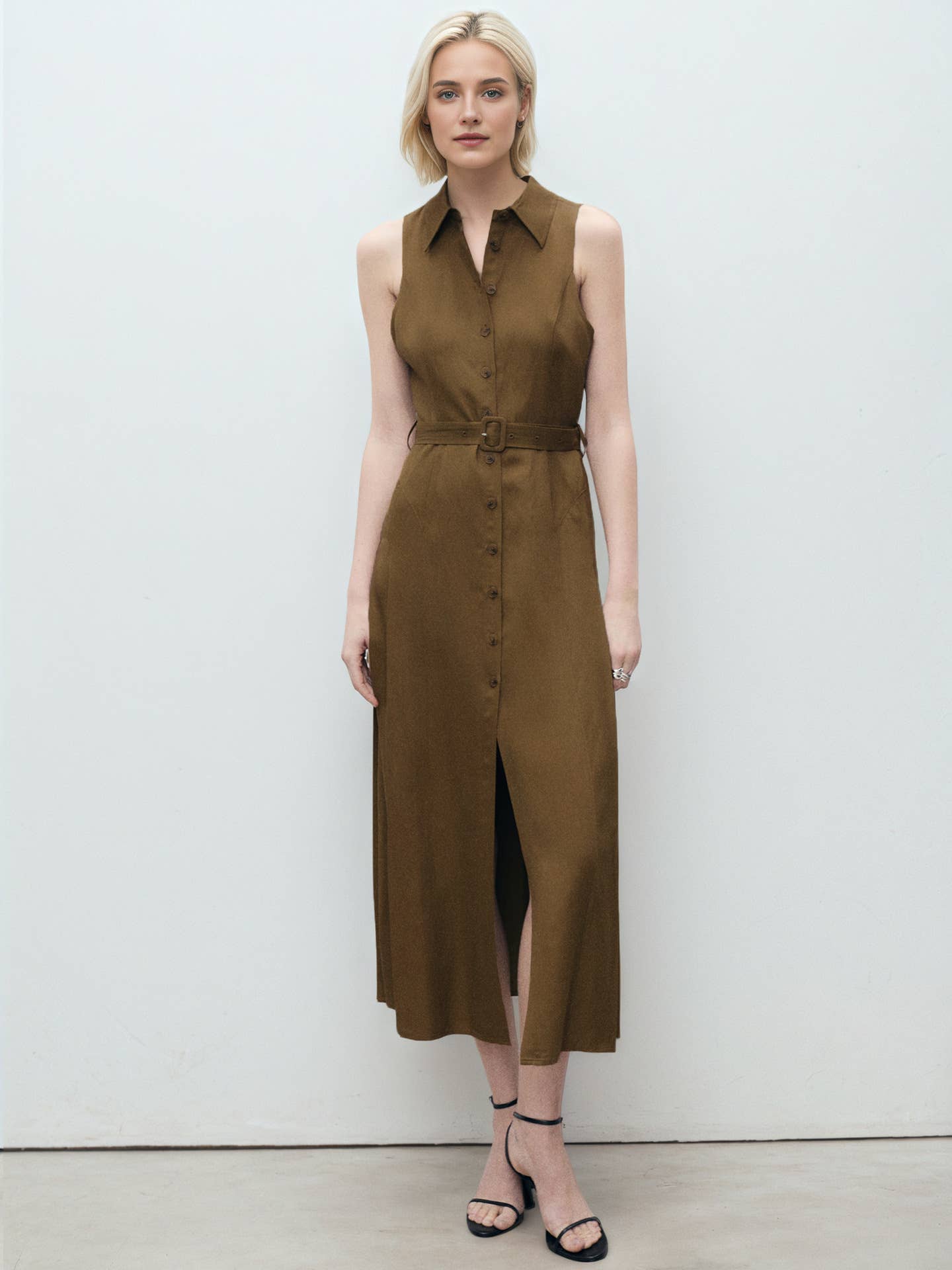 Split sleeveless solid cinched waist shirt dress