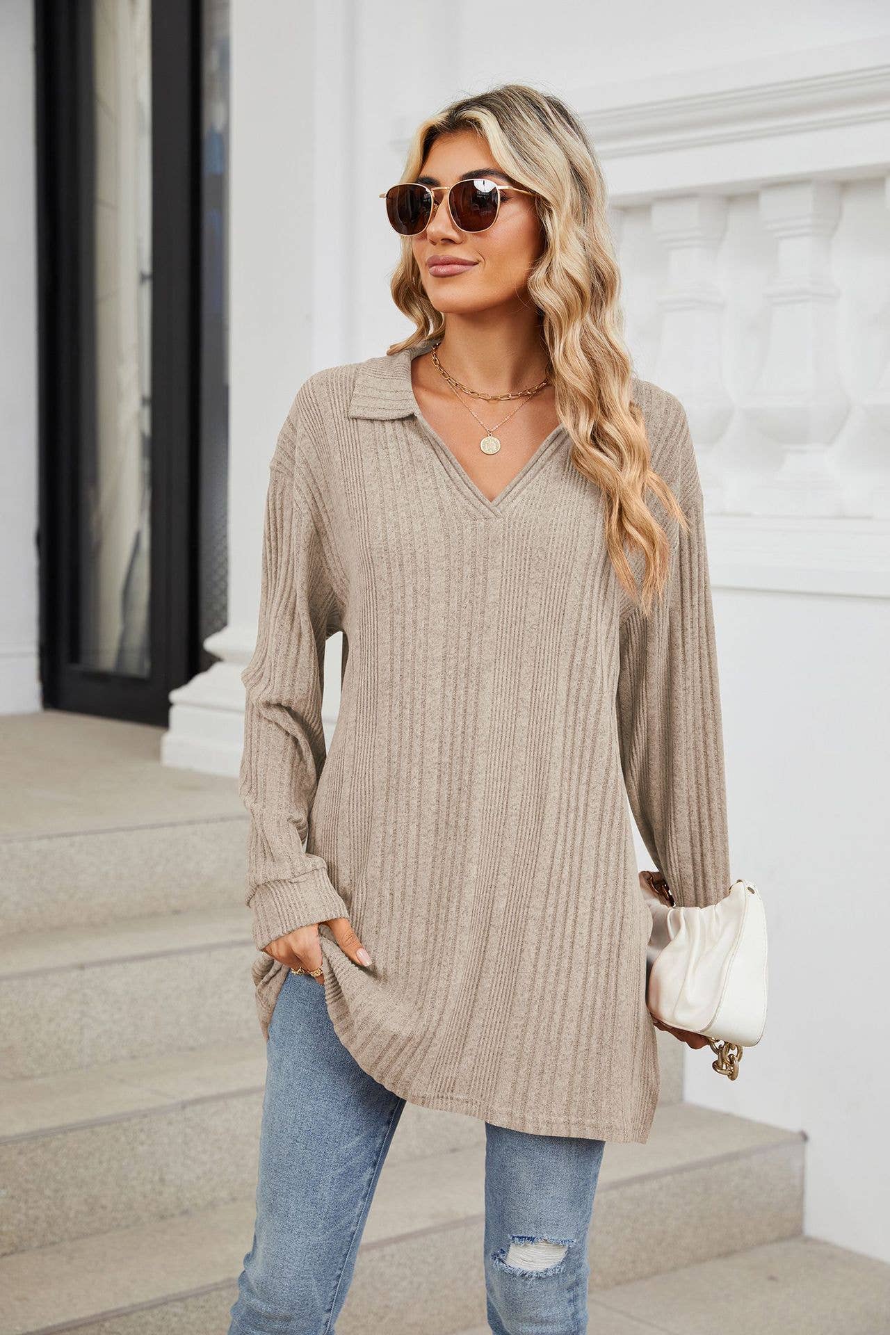 Solid-color V-neck long-sleeved loose slit Top