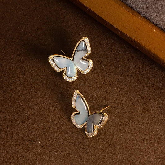 NATURAL ABALONE BUTTERFLY DIAMOND ZIRCON EARRINGS