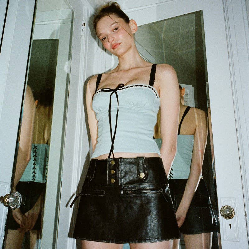 Lace square neck lace-up low-cut halter top