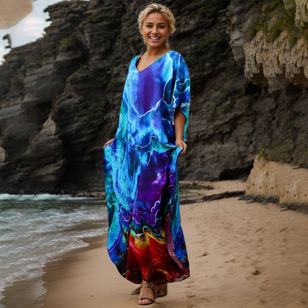 Rayon Tie-Dye Beach Kimono Cover-Up Robe_CWMM6154