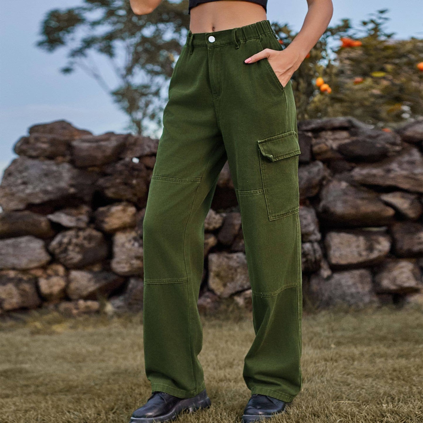 ELASTIC-WAISTED DENIM CARGO CASUAL PANTS