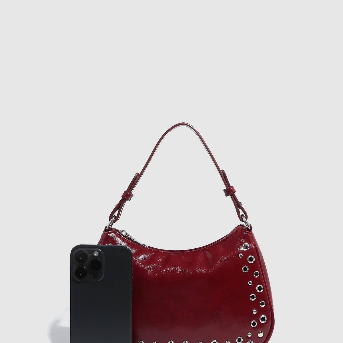 Adjustable Studded Hollow Baguette Bag for Women_CWAB5688