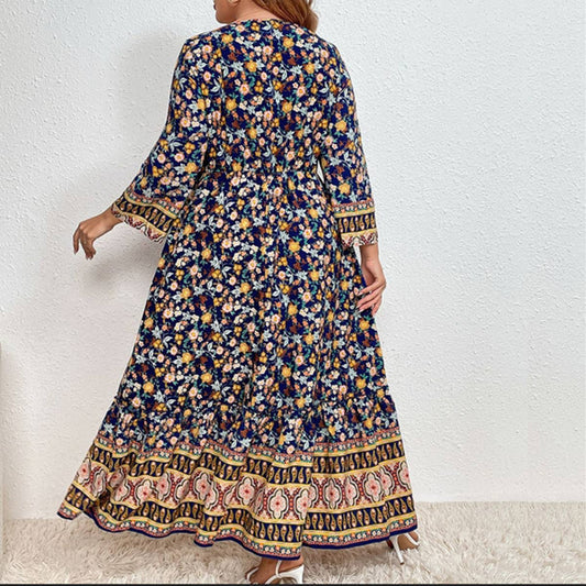 Elegant Cotton Linen Floral Dress for Wom