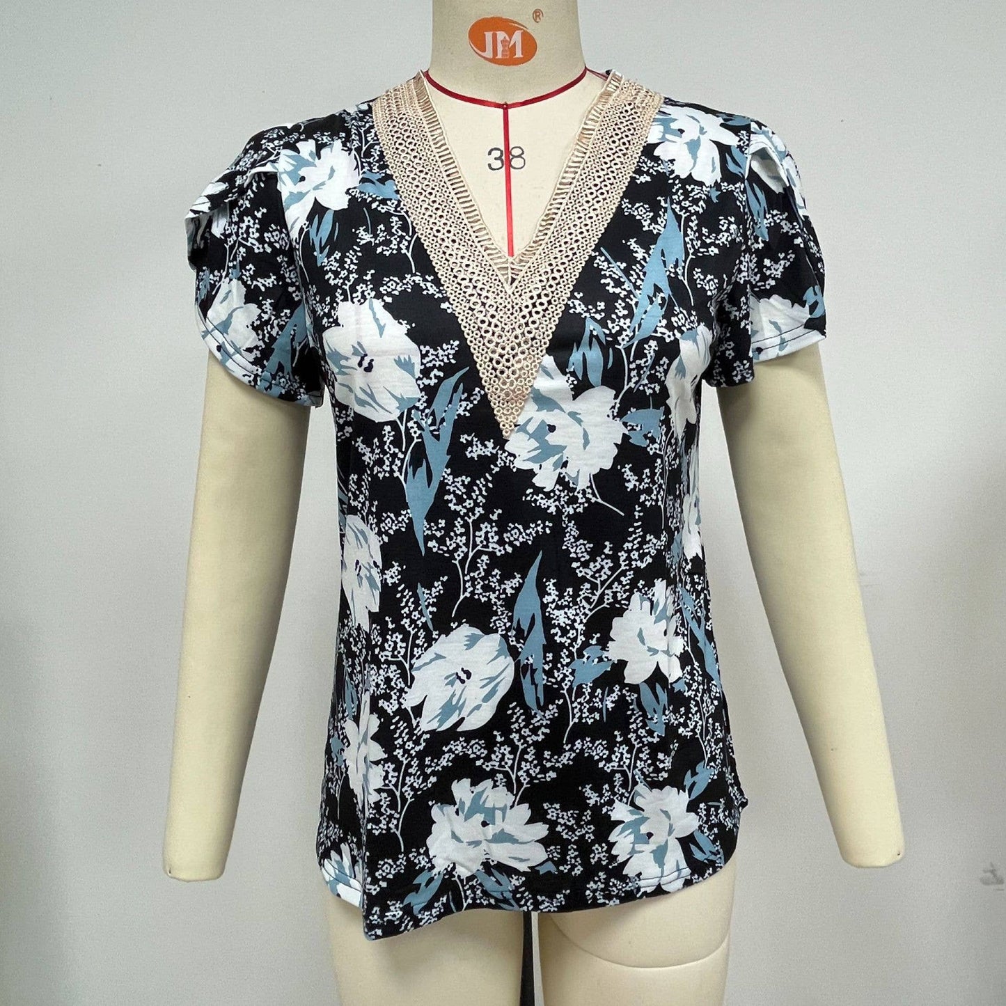 V-neck printed petal-sleeve loose pullover shirt