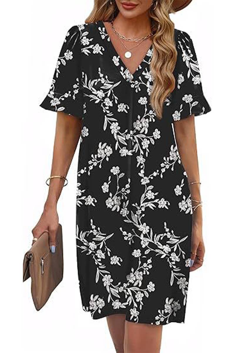 CWDSD8811_V-NECK TRUMPET SLEEVES POCKET SHORT SLEEVE DRESS