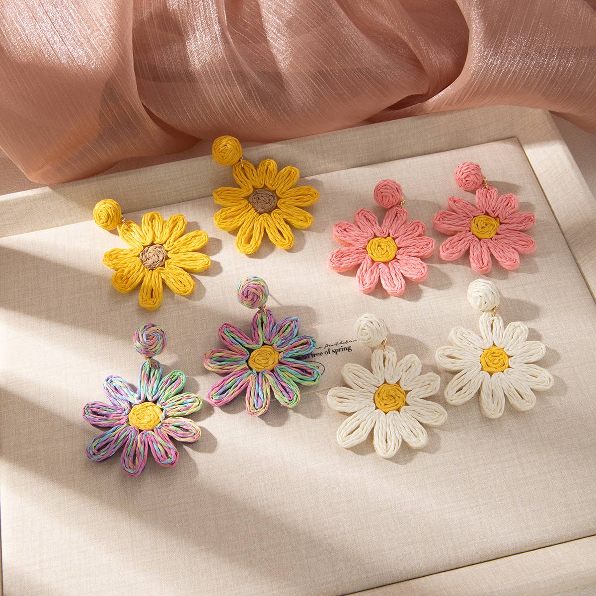 Vacation style raffia woven flower earrings