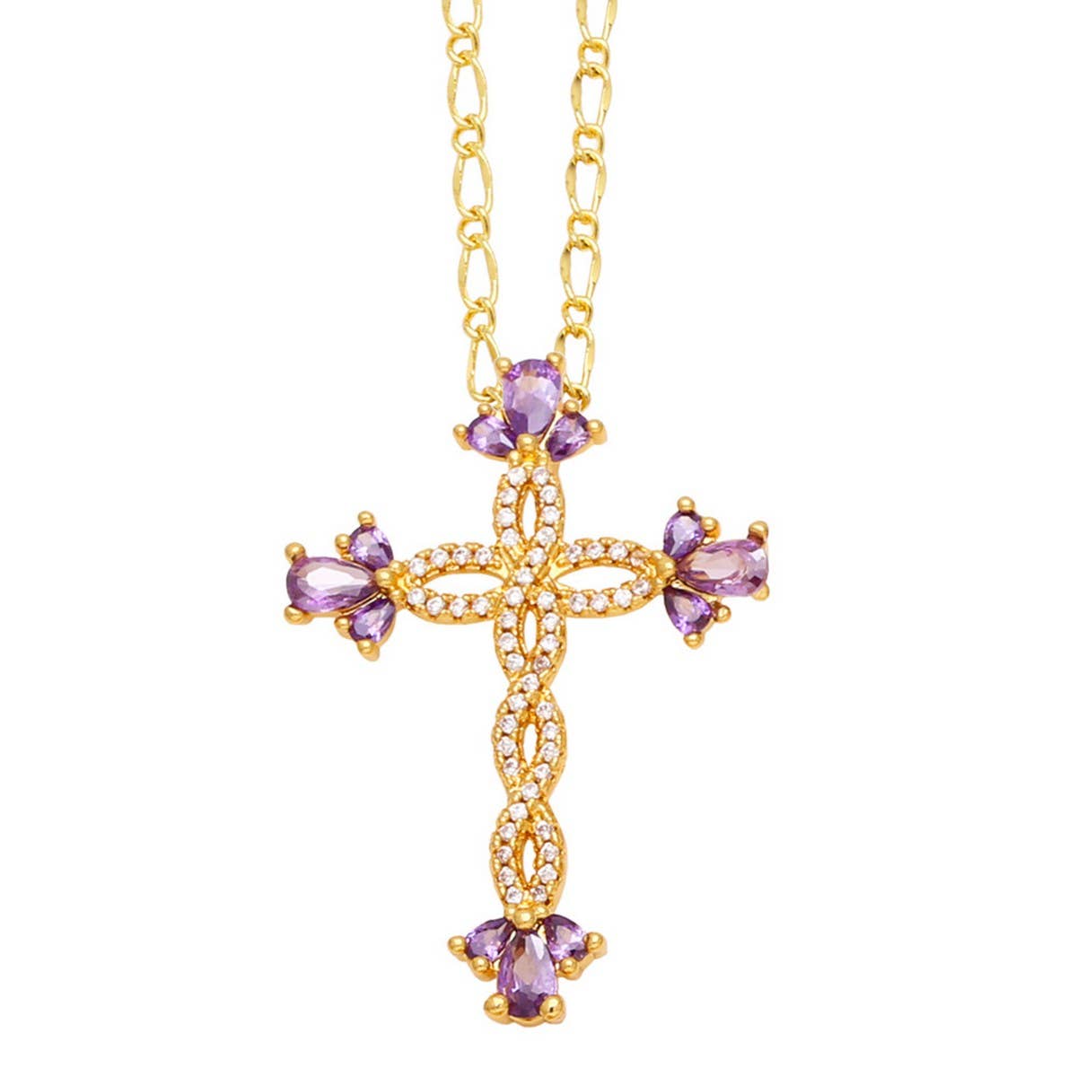 COLORED ZIRCON CROSS PENDANT NECKLACE