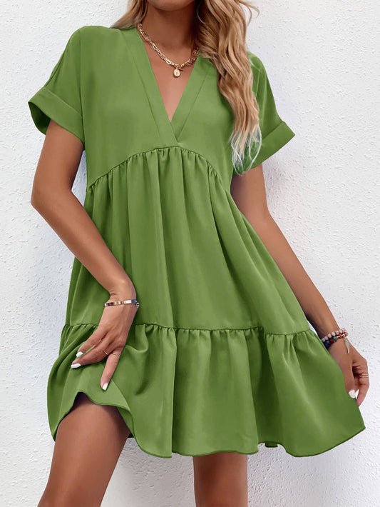 A casual, loose V-neck, large-hem short dress