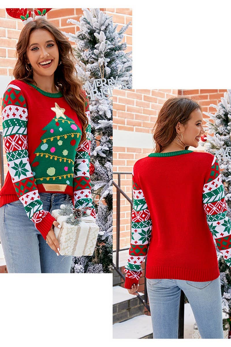 CWOSWL07297_CASUAL CHRISTMAS TREE EMBROIDERED KNIT SWEATER