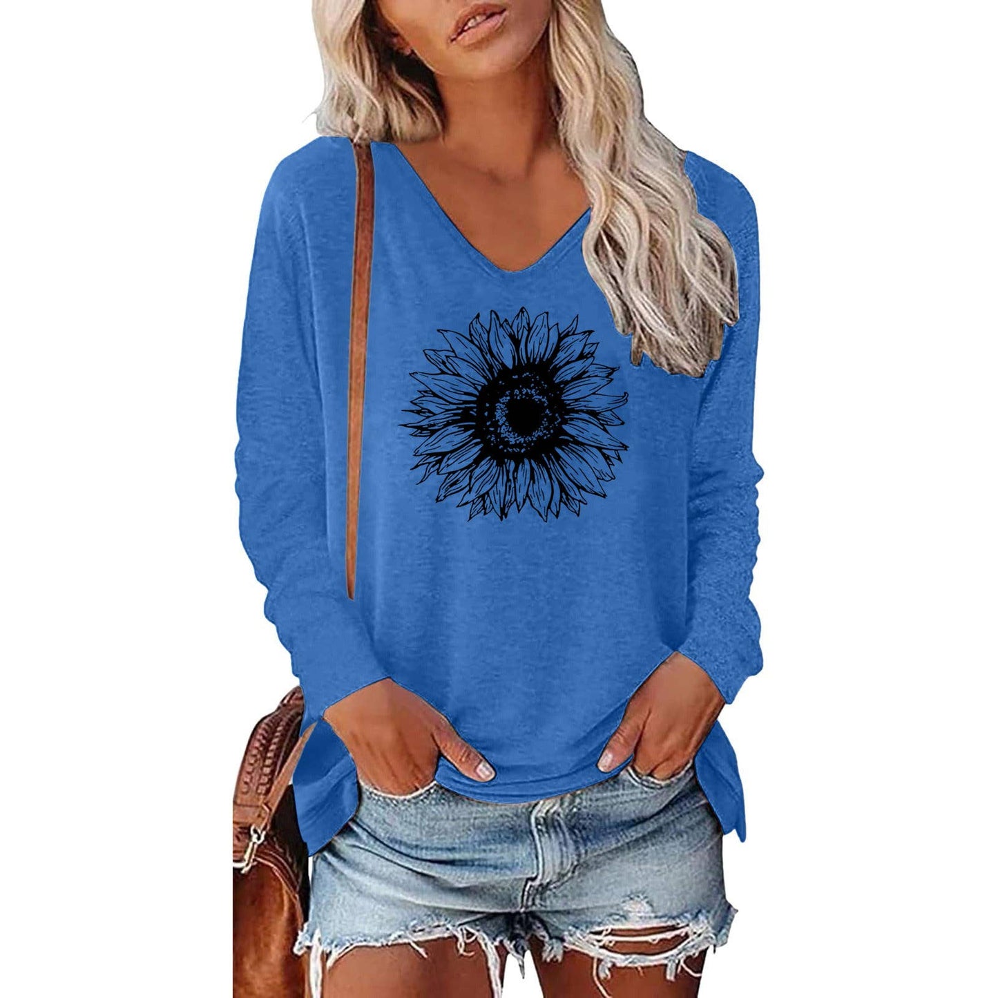 WOMEN'S PRINTED V-NECK LONG SLEEVE LOOSE T-SHIRT