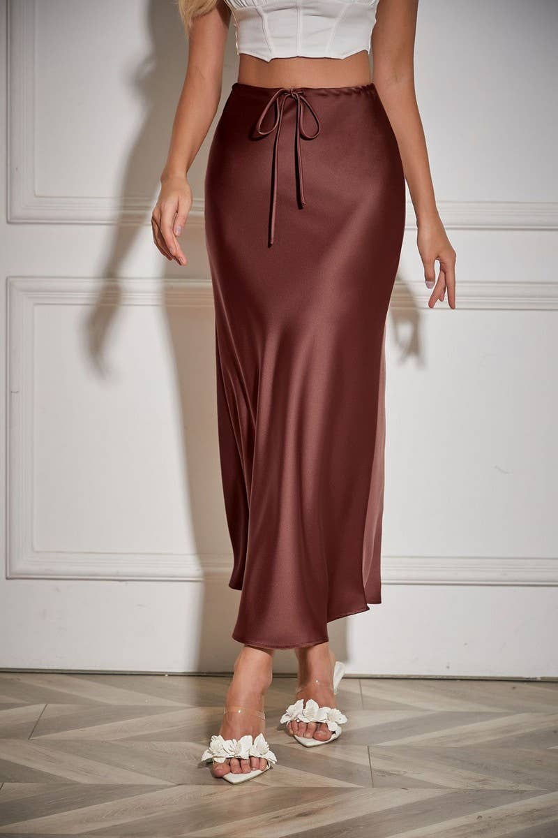 SATIN HIGH WAIST DRAWSTRING SOLID COLOR SKIRT