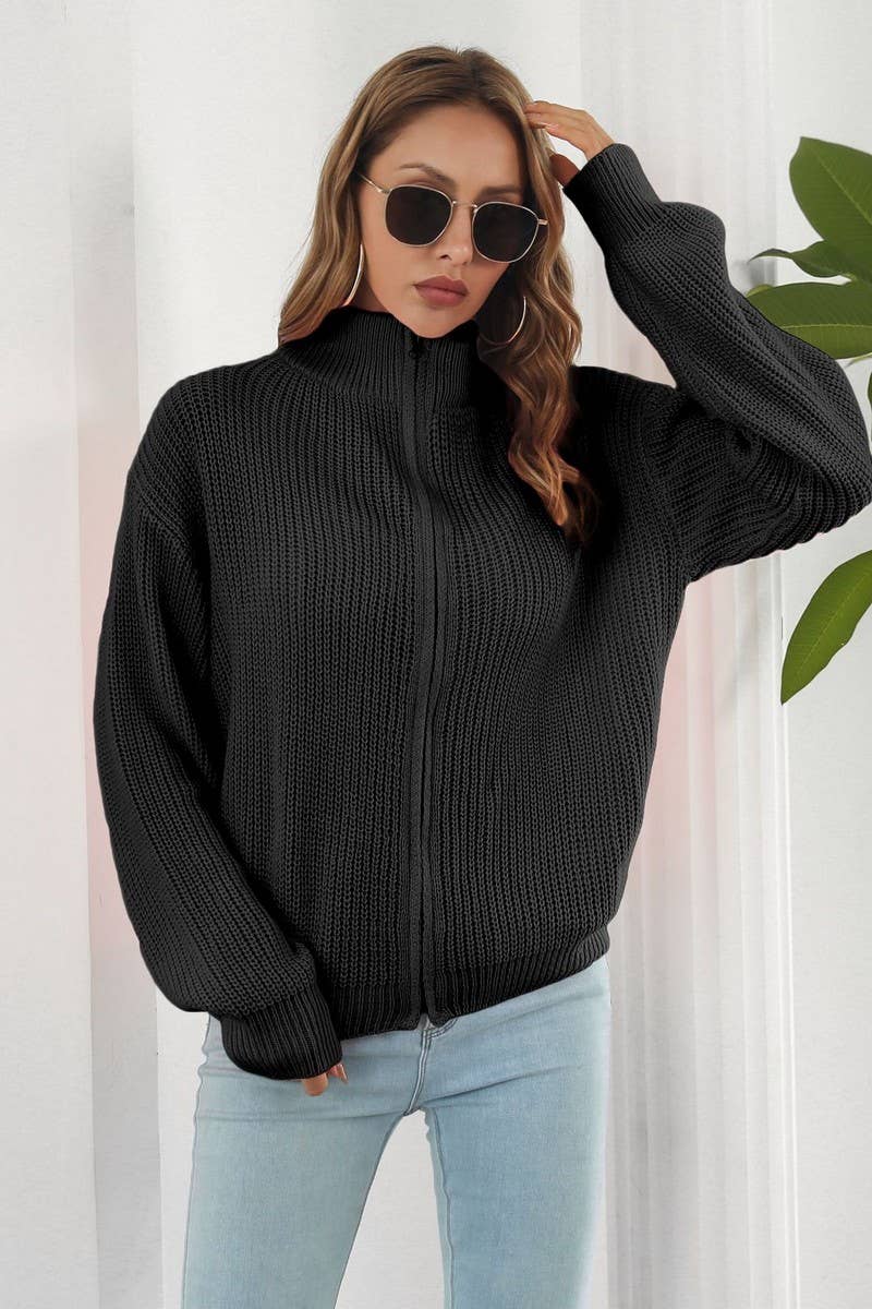 CWOCAL1168_TURTLENECK LOOSE ZIPPER KNIT CARDIGAN