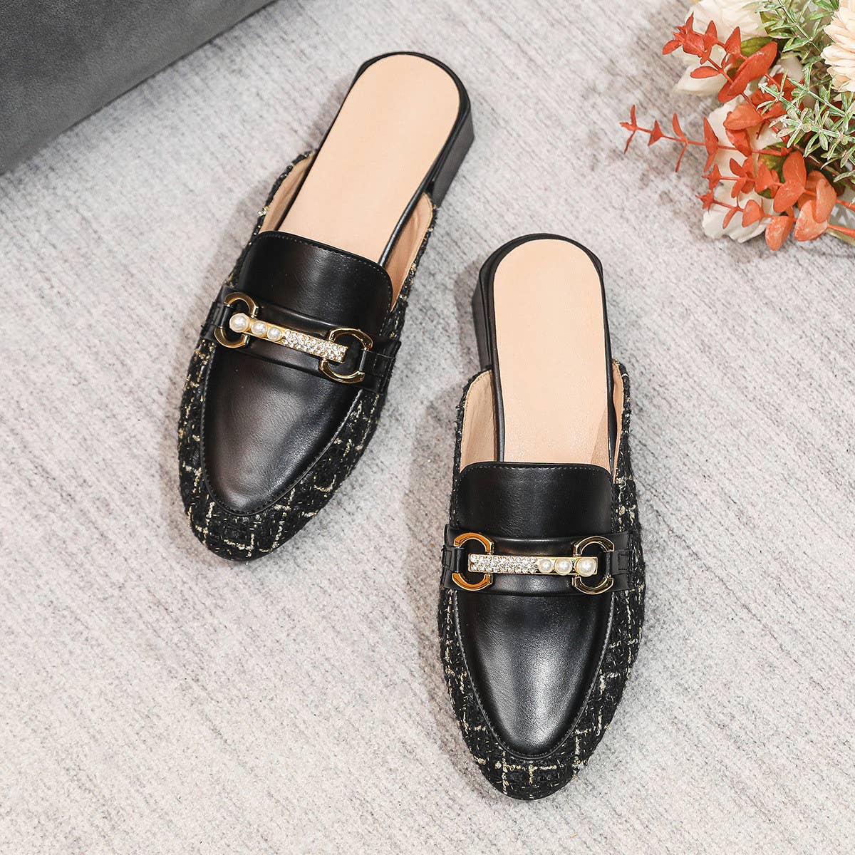 WOMEN SINGLE SHOES ROUND TOE RHINESTONE MULES