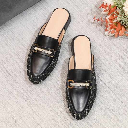 WOMEN SINGLE SHOES ROUND TOE RHINESTONE MULES