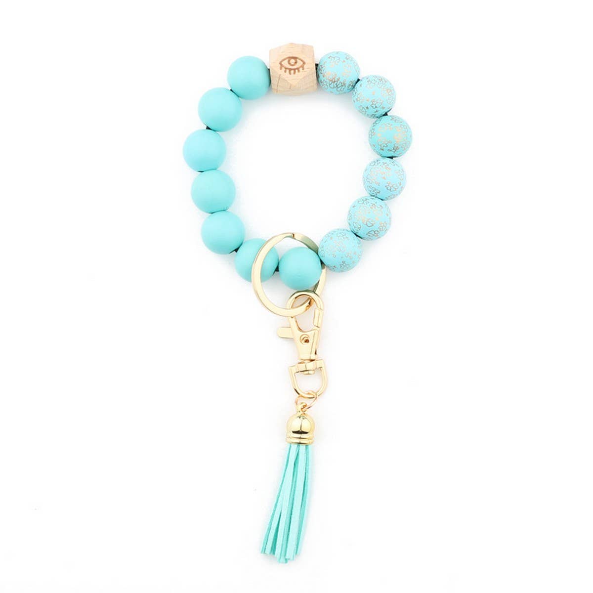 Printed Wood Bead Bracelet with PU Tassel Keychain_CWMM7015