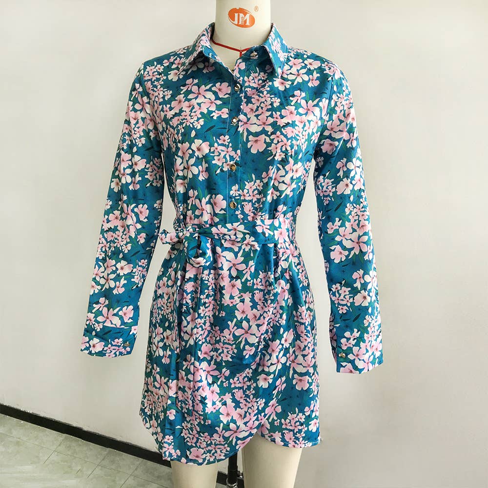 Stylish lapel high waist button-up short dress