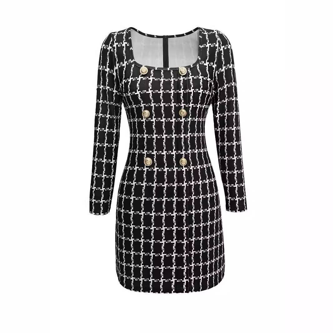 Elegant commuter square collar plaid print dress