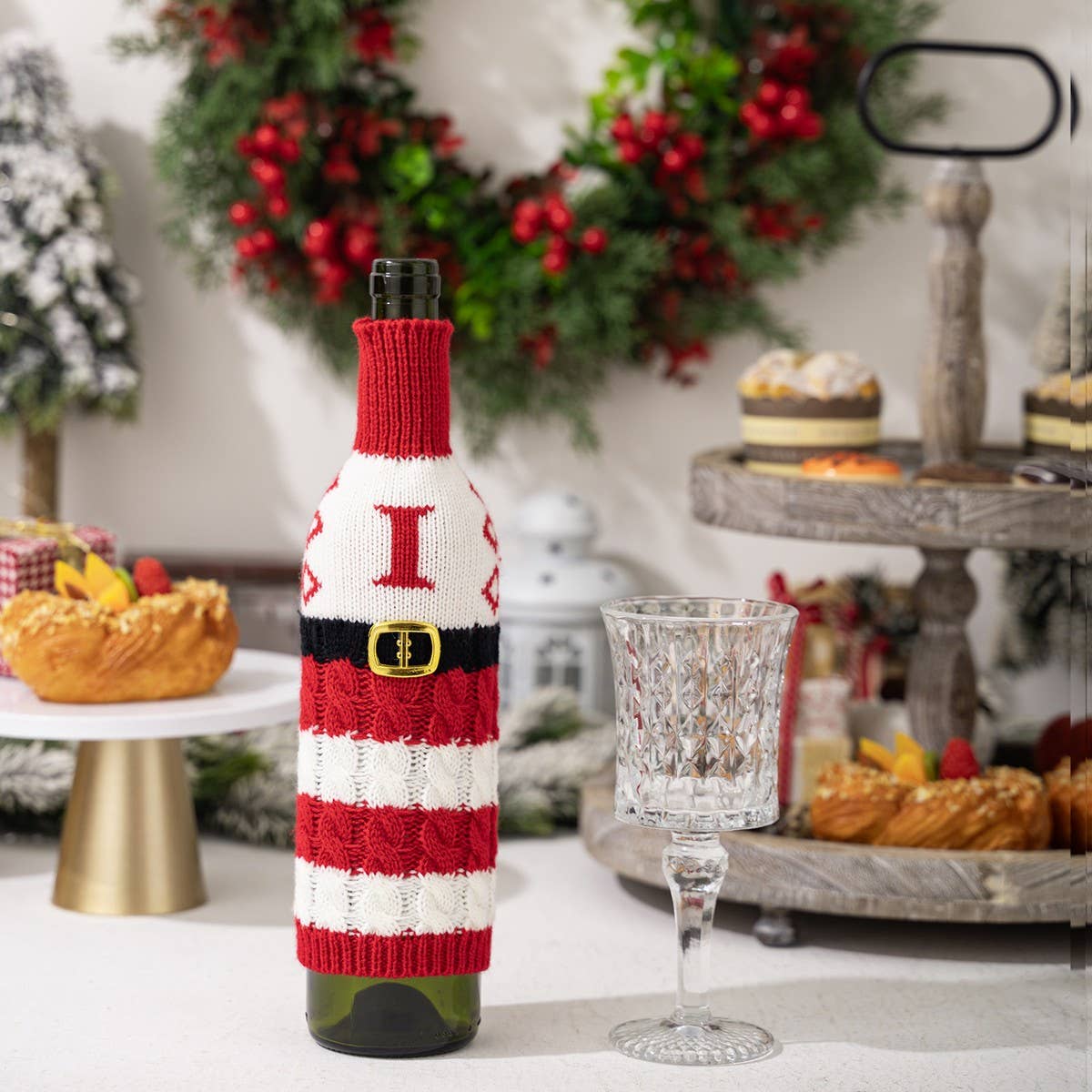 CWMM10337_KNITTED LETTER WINE BOTTLE COVER RED WHITE STRIPES