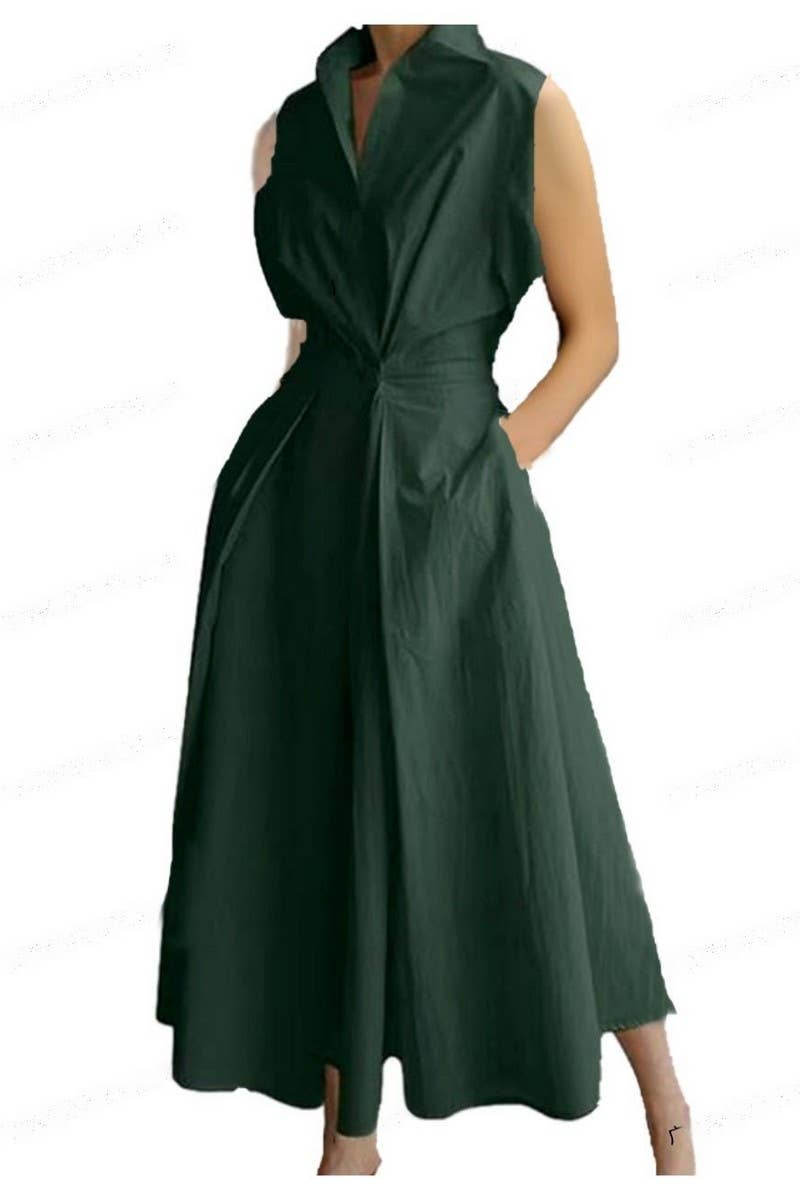 CWDMD01052_SUMMER COMMUTING V-NECK BUTTON-DOWN DRESS