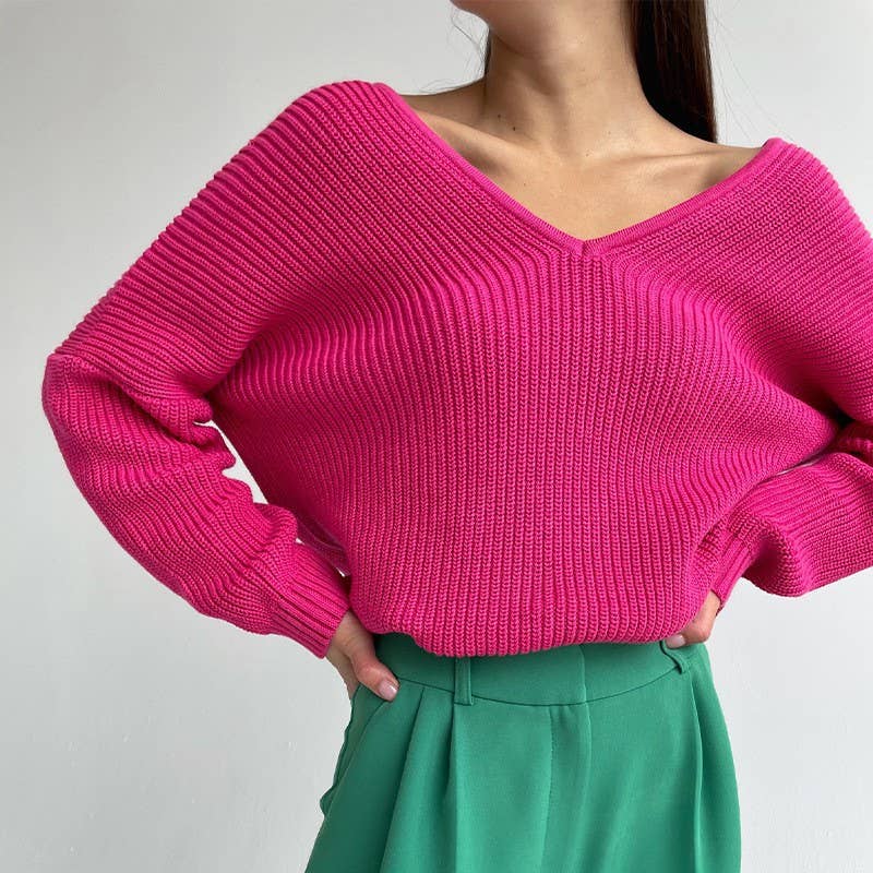 SLOUCHY SOLID COLOR V-NECK PULLOVER SWEATER LADY