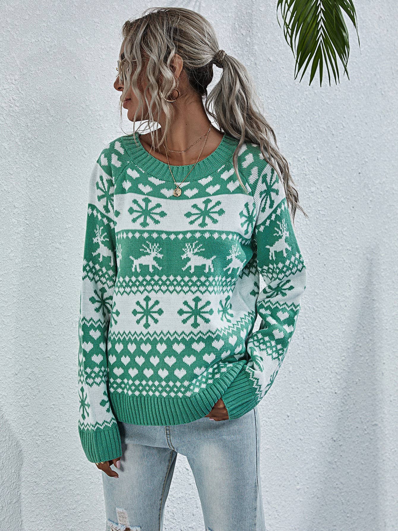 KNIT CREW NECK CHRISTMAS SNOWFLAKE PULLOVER
