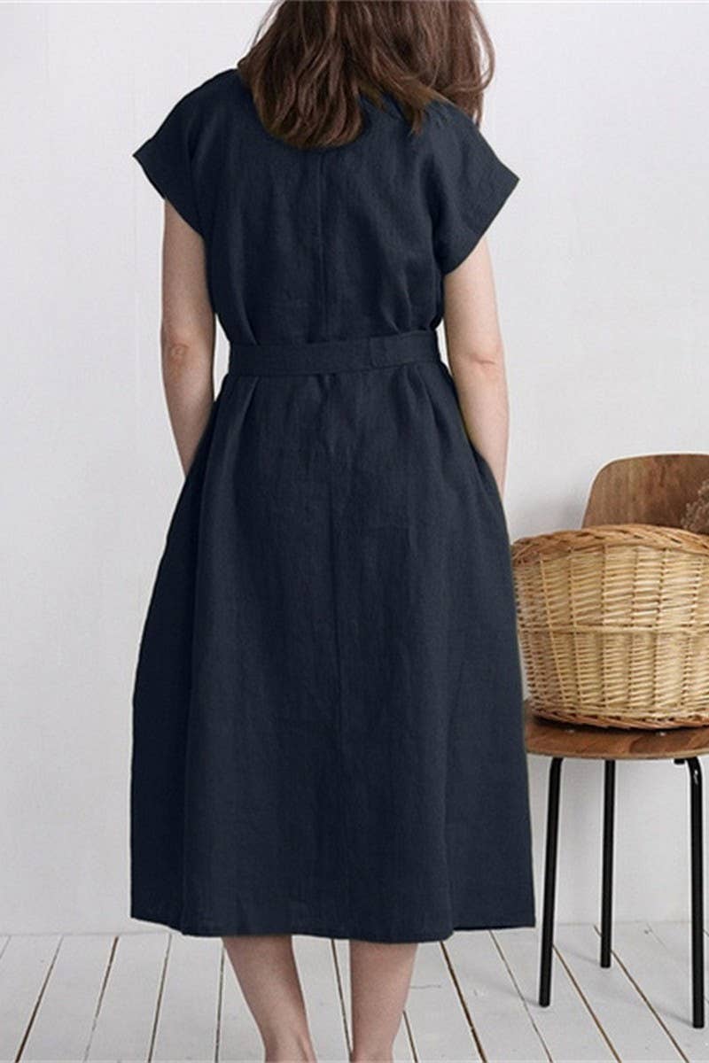 CWDMD3164_COTTON AND LINEN LACE-UP SINGLE-BREASTED DRESS