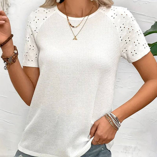 Jacquard knit hollow lace patchwork blouse