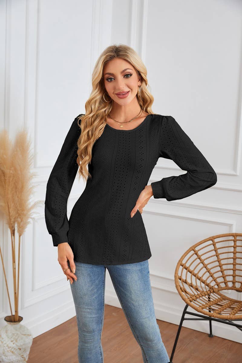 ROUND NECK T-SHIRT WITH HOLES AND PUFFY SLEEVES