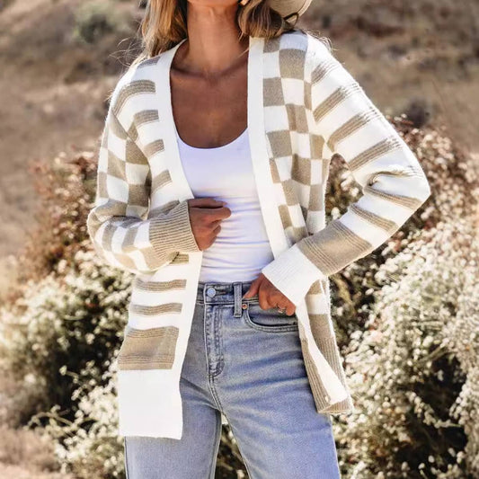 FASHION LOOSE PLAID COLOR MATCHING KNIT CARDIGAN