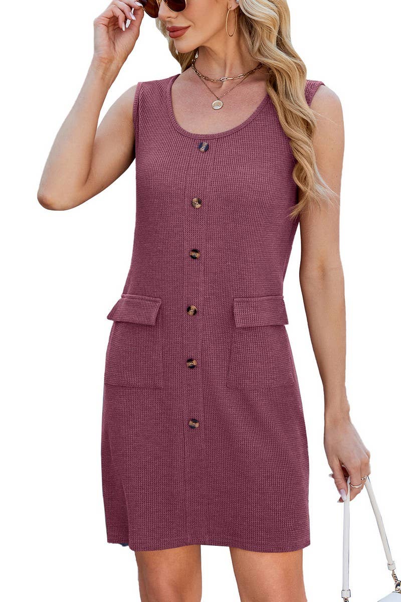 CWDSD8725_SOLID CREW NECK BUTTON POCKET SLEEVELESS DRESS