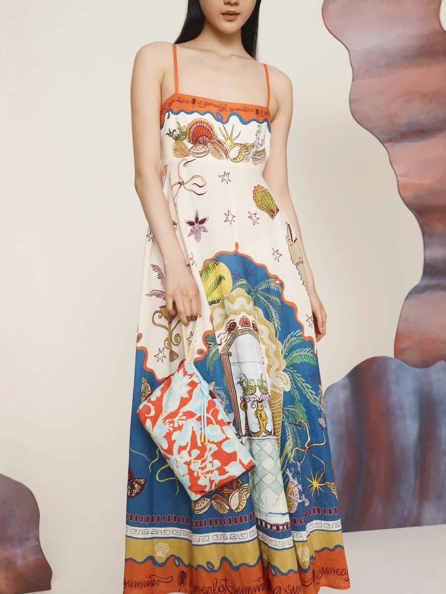 Sexy halter linen graffiti long swing dress