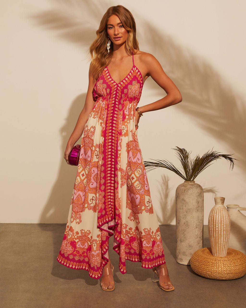 Off-the-shoulder V-neck halter print swing dress