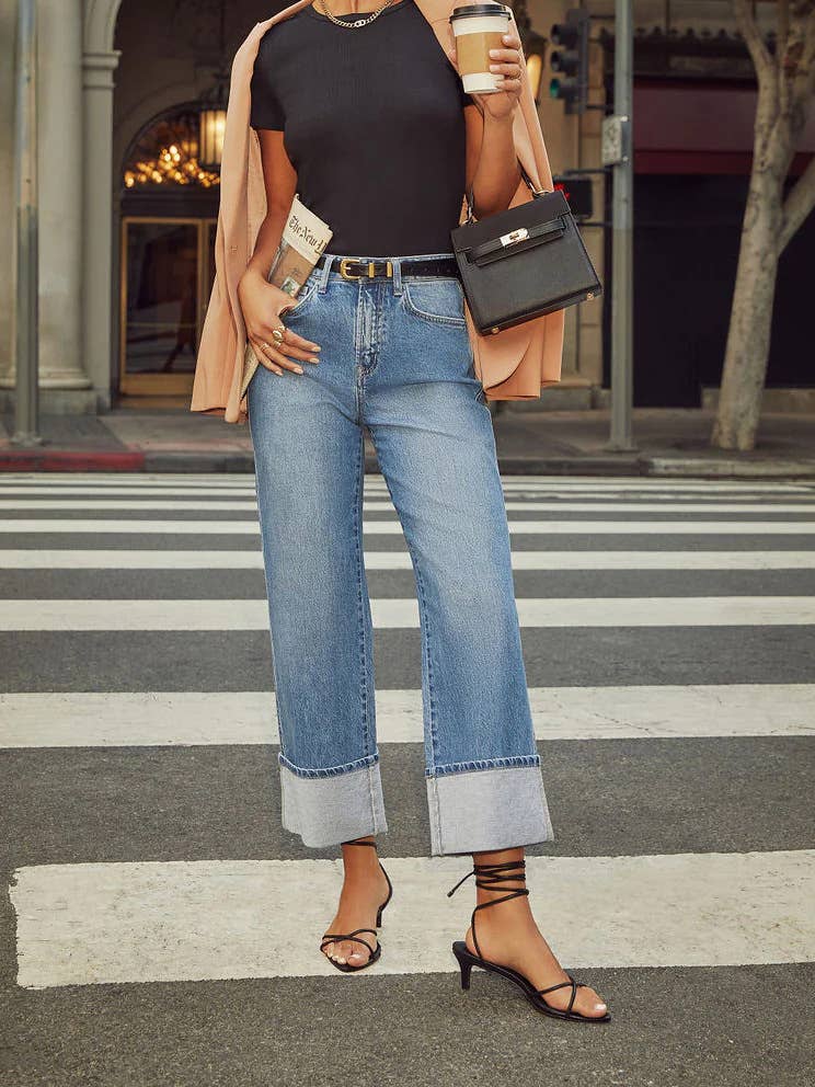 Ribbed washed stretch straight nine-inch jeans