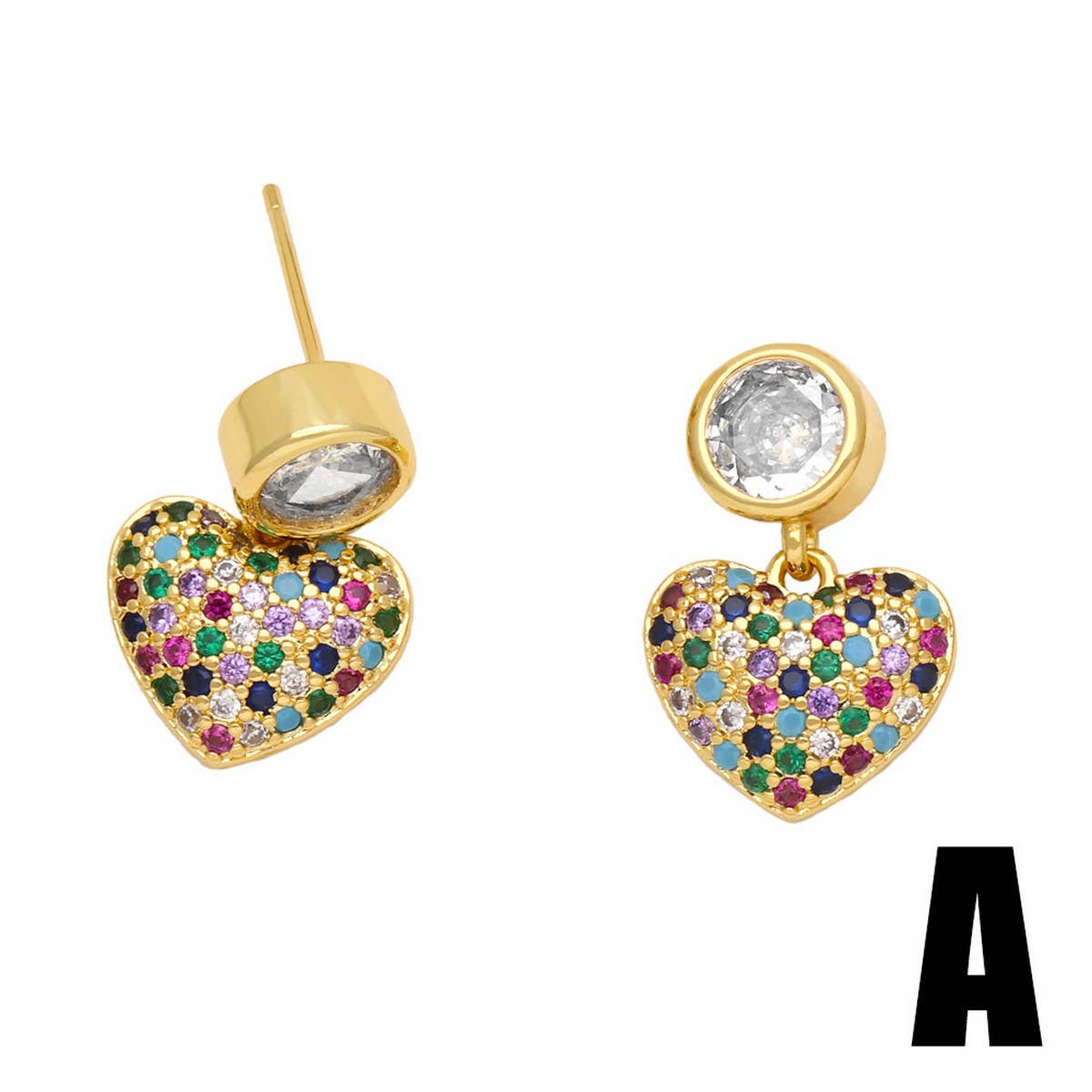 COLORED ZIRCON HEART RETRO ROUND EARRINGS