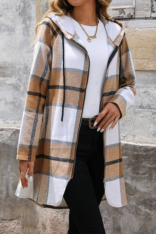 CWOCO0646_LOOSE CHECK ZIP-UP LONG HOODED COAT