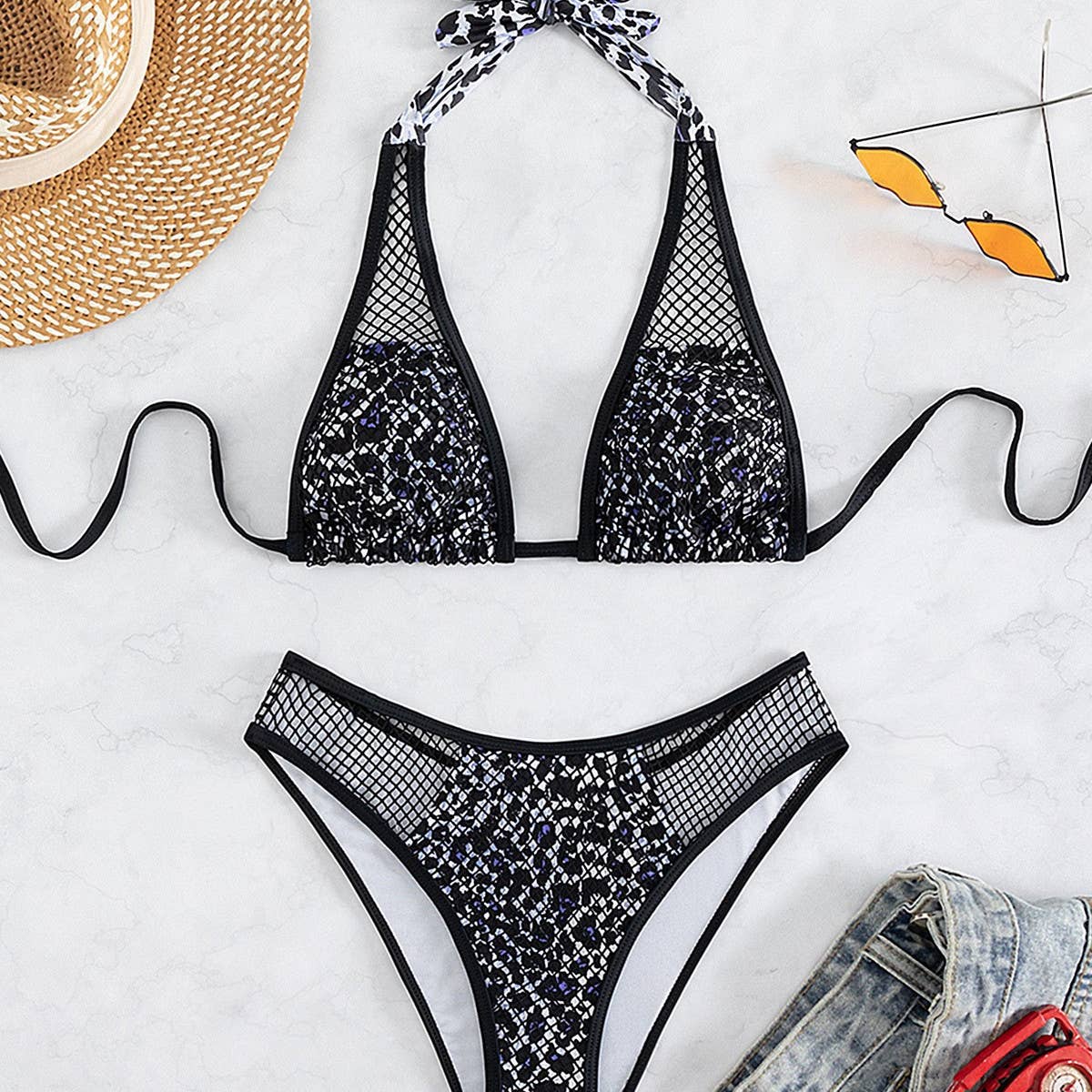 HALTER NECK FISHNET HOLLOW BIKINI SWIMSUIT