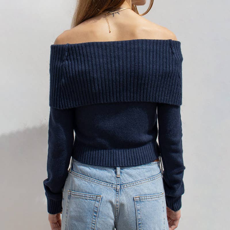 SOLID COLOR LAPEL ONE-LINE SHOULDER KNIT TOP