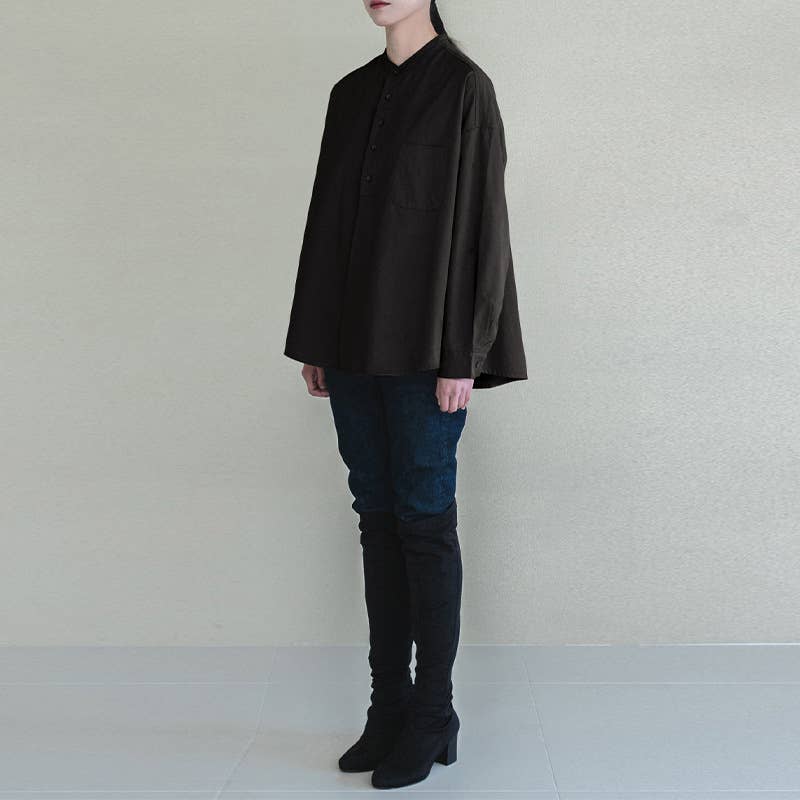 SOLID COLOR STAND COLLAR LOOSE COTTON SHIRT