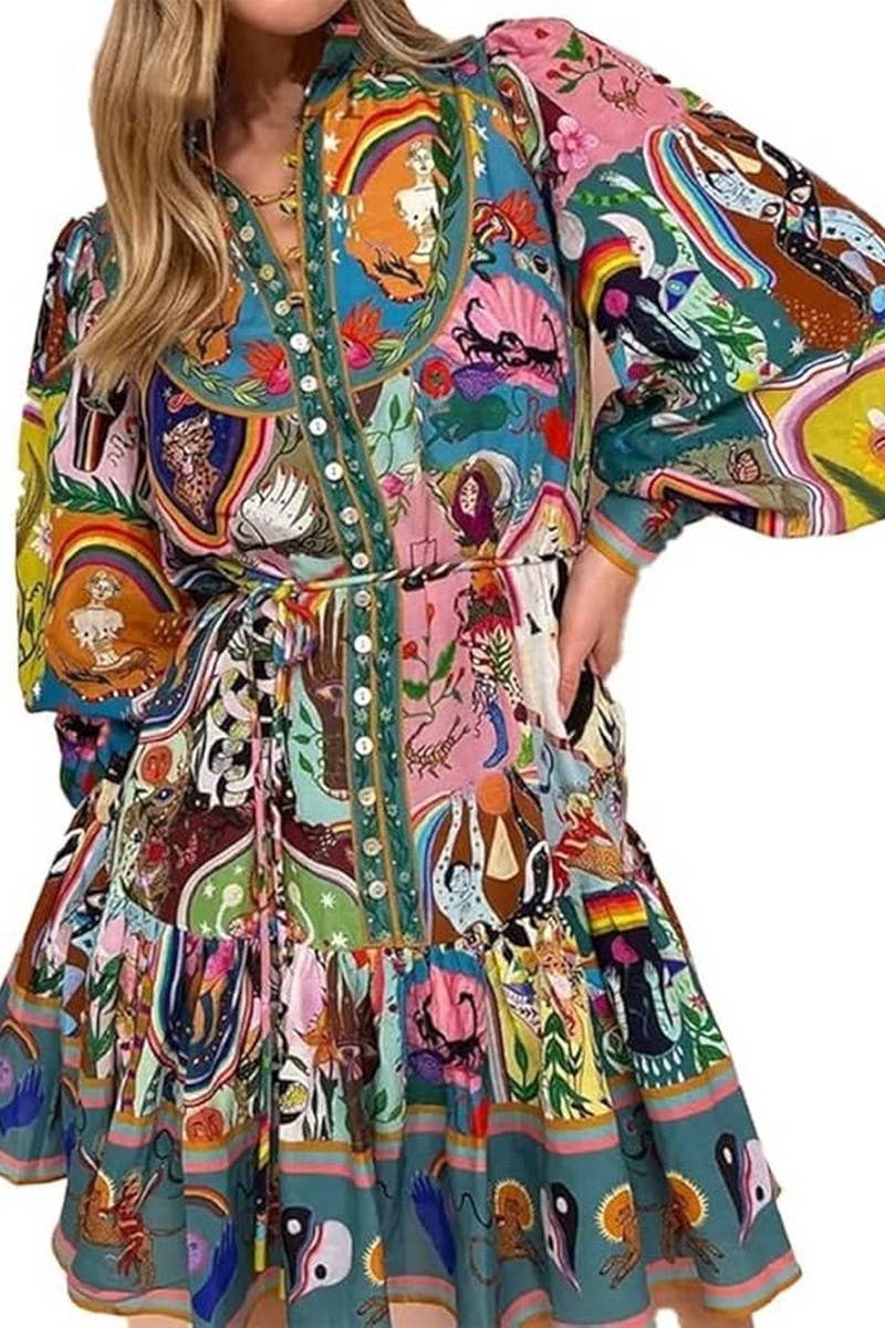 CWDSD8250_FASHIONABLE PUFF SLEEVE RUFFLE HEM DRESS