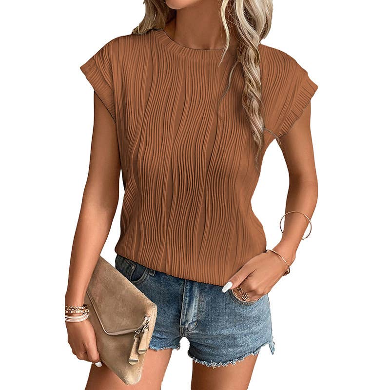 SOLID TEXTURED SHORT SLEEVE PULLOVER TOP