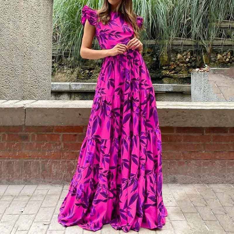 Print style flying sleeve high waist long dress