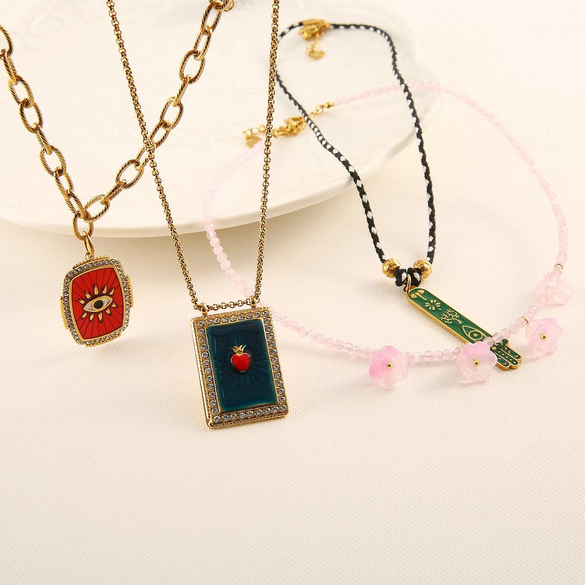 Vintage Steel Square Evil Eye Pendant Necklace