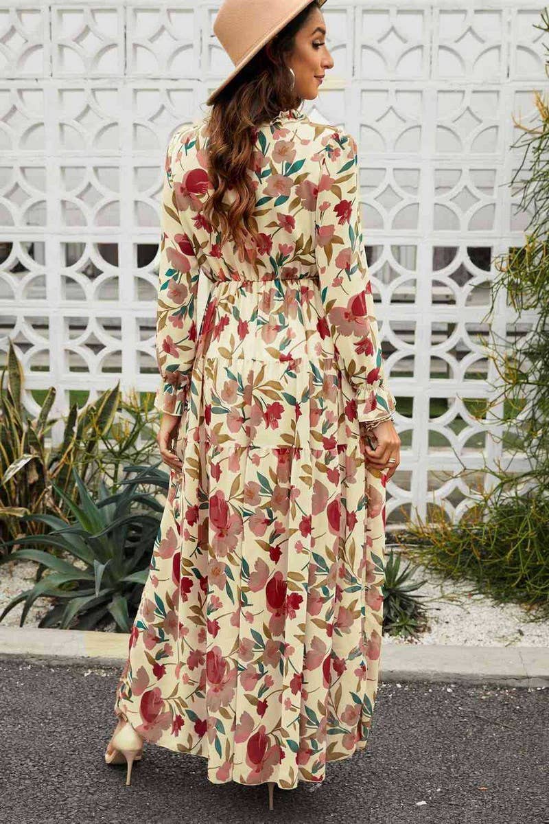 CWDMD6397_V-NECK FLORAL BOHEMIAN HIGH WAIST DRESS