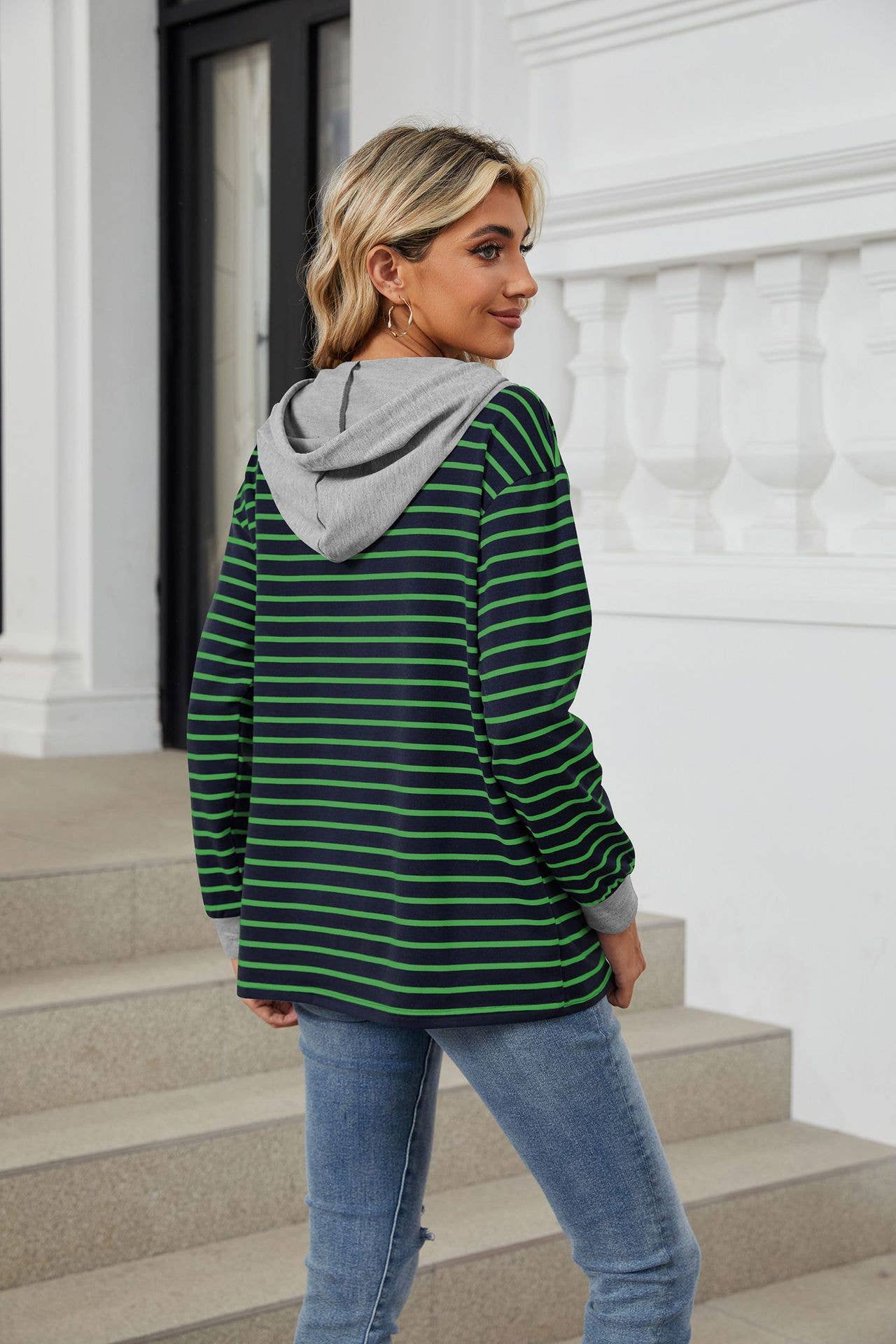 Striped hooded long-sleeved loose sweatshirt