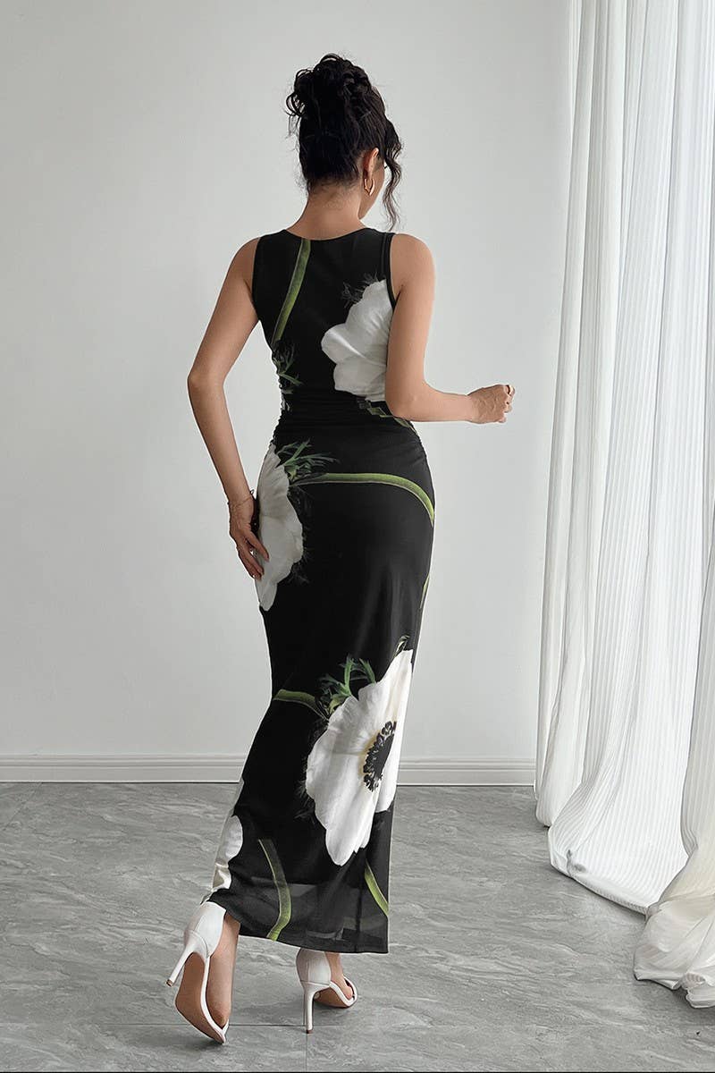 CWDMD5751_BLACK MESH FLORAL PRINT SLEEVELESS MAXI DRESS