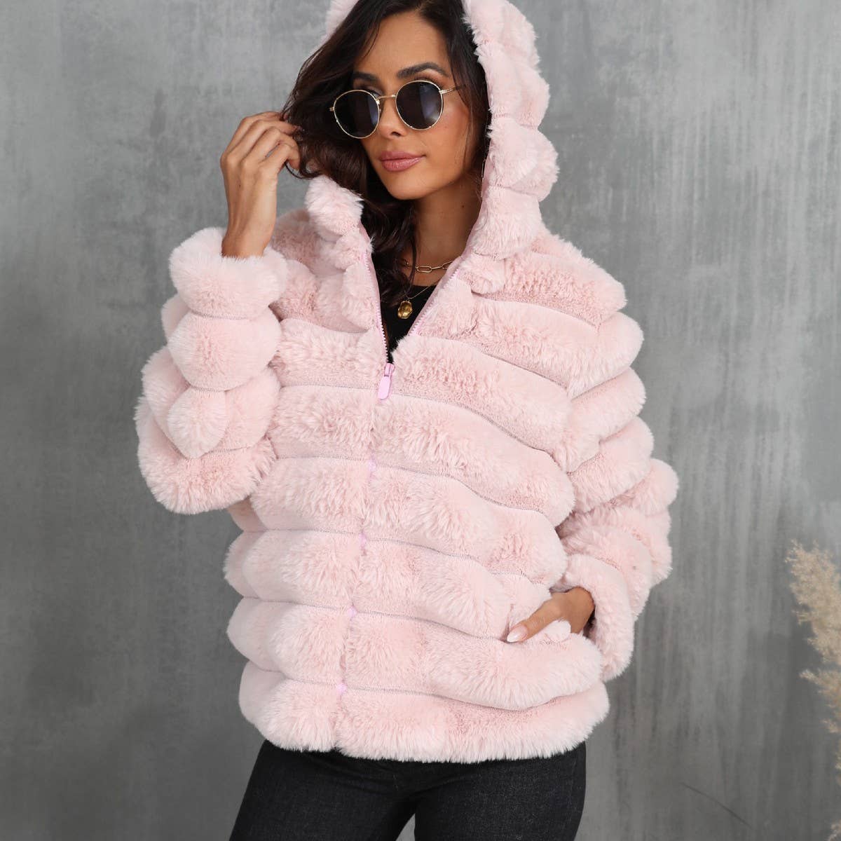 Women's Hooded Faux Fur Striped Short Coat