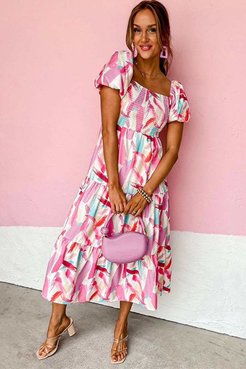 CWDMD3114_SHORT SLEEVE SQUARE COLLAR PRINTED DRESS