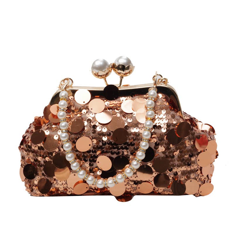 Fashionable sequined shell pearl chain dinner bag