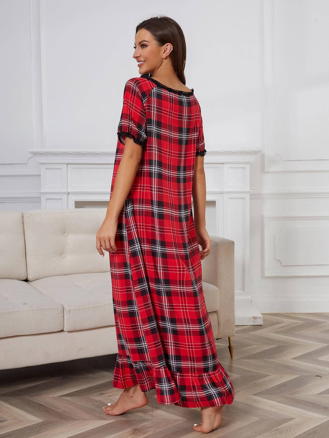 SHORT-SLEEVED RED PLAID HOME NIGHTDRESS